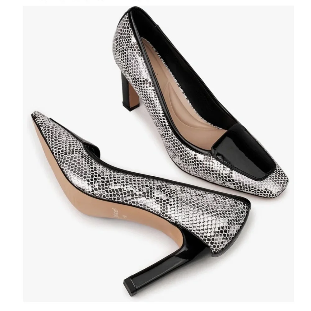 Clmhoe Pumps Women 10M Silver Snakeskin Patent Square Toe Block Heel Chic 10M